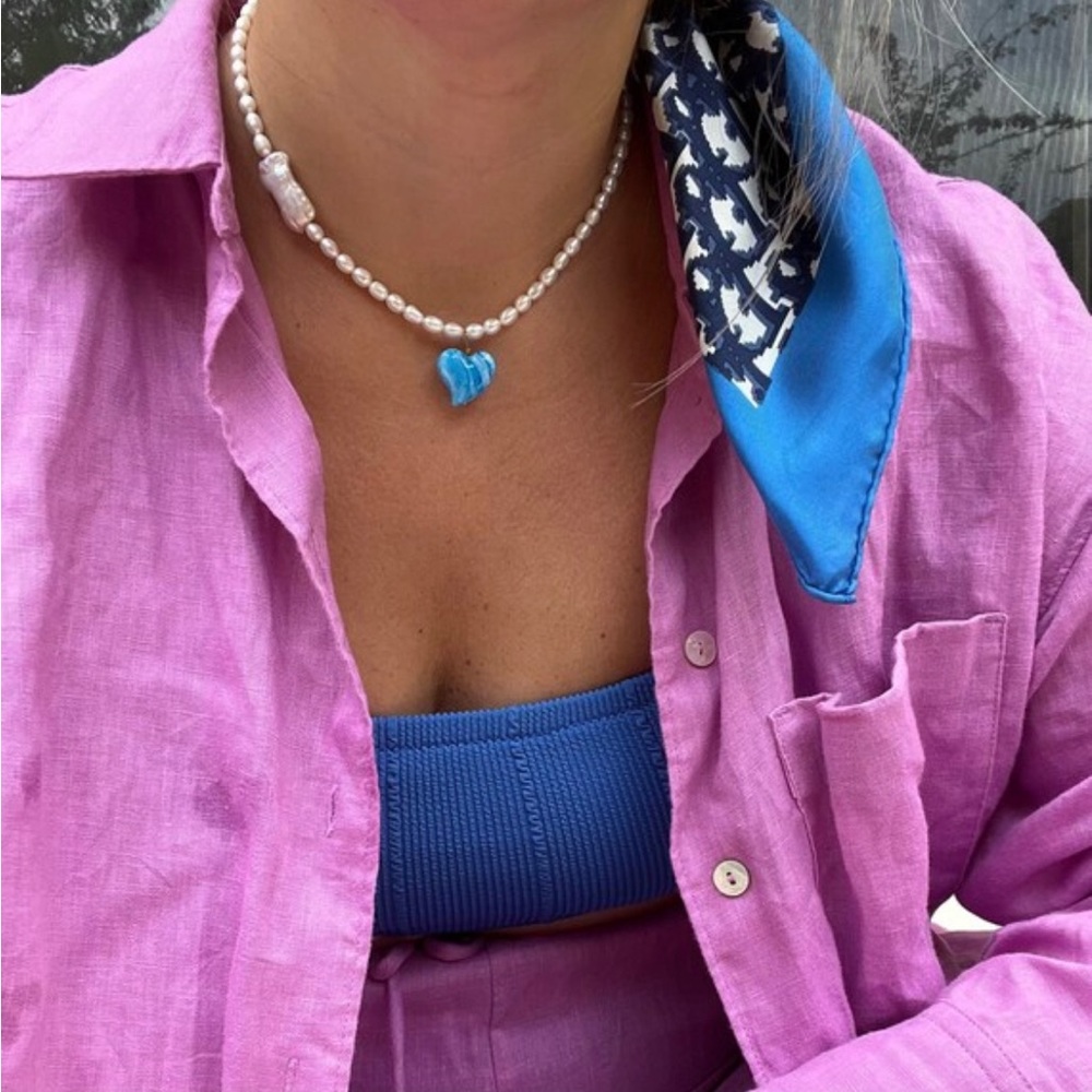 White pearls blue heart necklace
